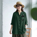 S-3XL 綿麻 Vネック 長袖 プリント 動物柄 カジュアル シャツ 3XL グリーン
