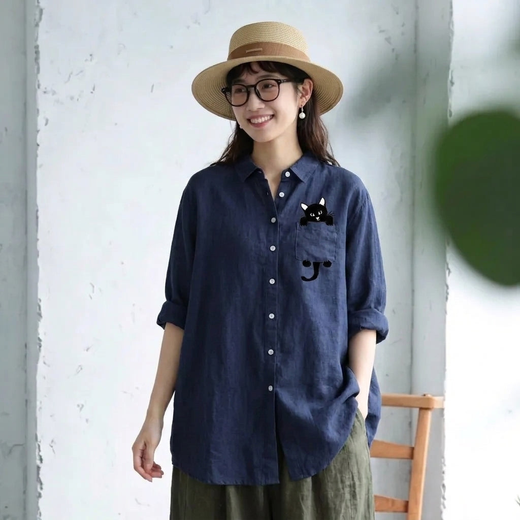 S-3XL 綿麻 Vネック 長袖 プリント 動物柄 カジュアル シャツ 3XL ネイビー
