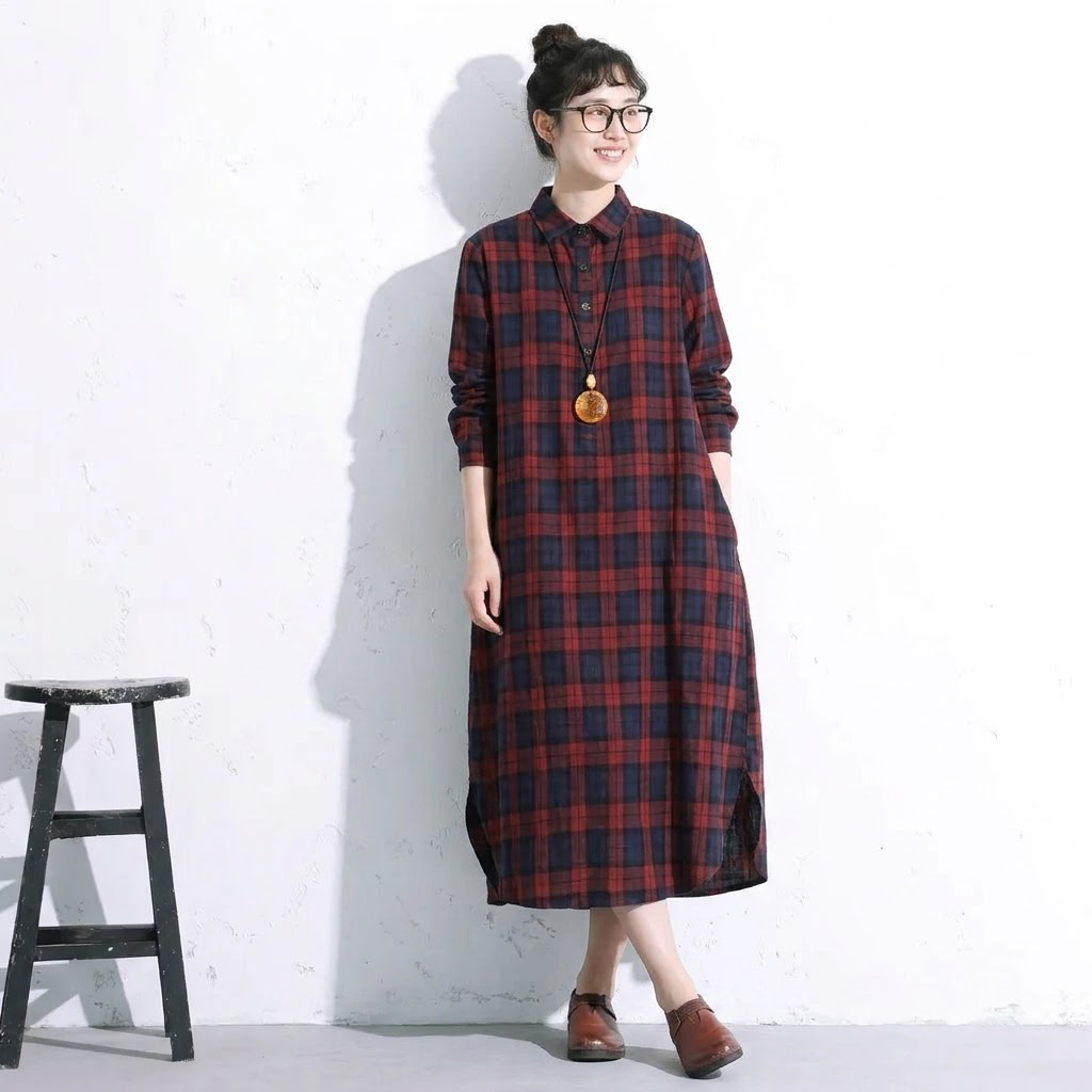 M-2XL レトロ チェック 襟付き ロング丈 長く着られる シャツワンピース M グリーンチェック