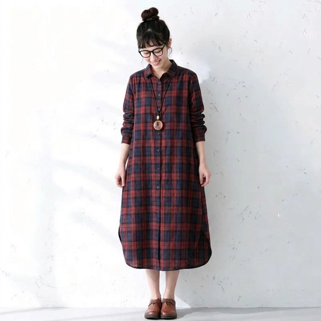 M-2XL レトロ チェック 襟付き ロング丈 長く着られる シャツワンピース 2XL レッドチェック