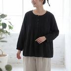 M-6L 綿麻 ボタン プリーツ ラウンドネック 長袖 シャツ 5XL ブラック