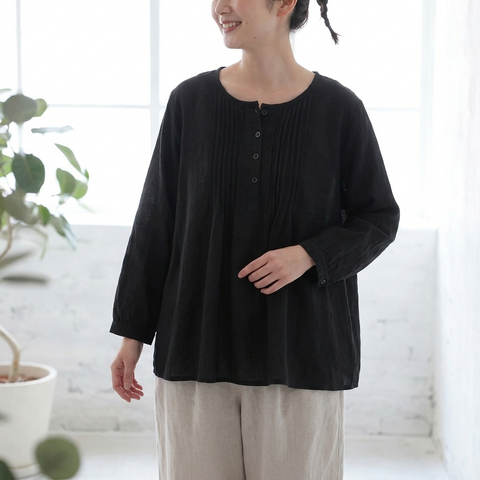 M-6L 綿麻 ボタン プリーツ ラウンドネック 長袖 シャツ 5XL ブラック