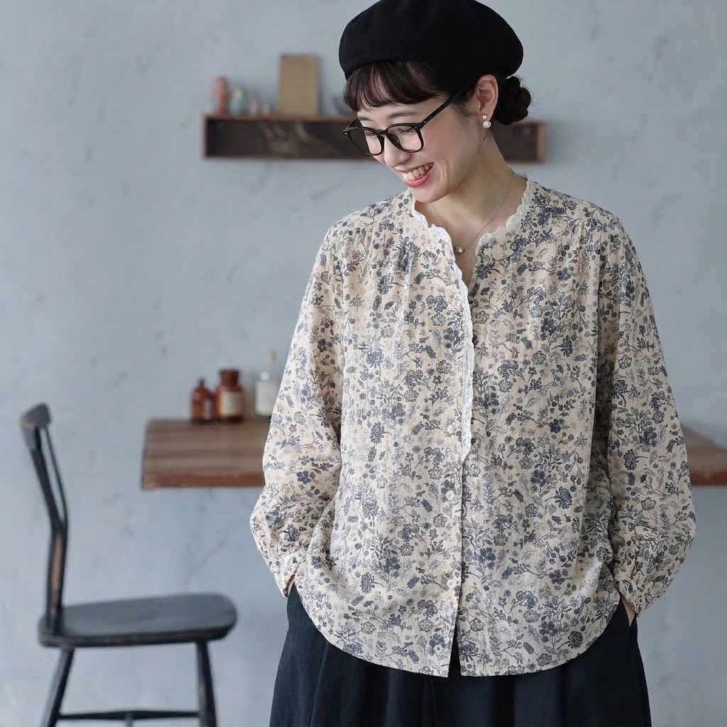 F 今季トレンド 花柄 レース 長袖 プリント シャツ フリー ネイビー