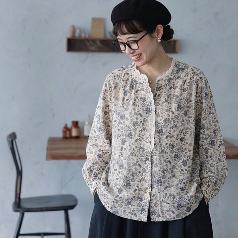 F 今季トレンド 花柄 レース 長袖 プリント シャツ フリー ネイビー
