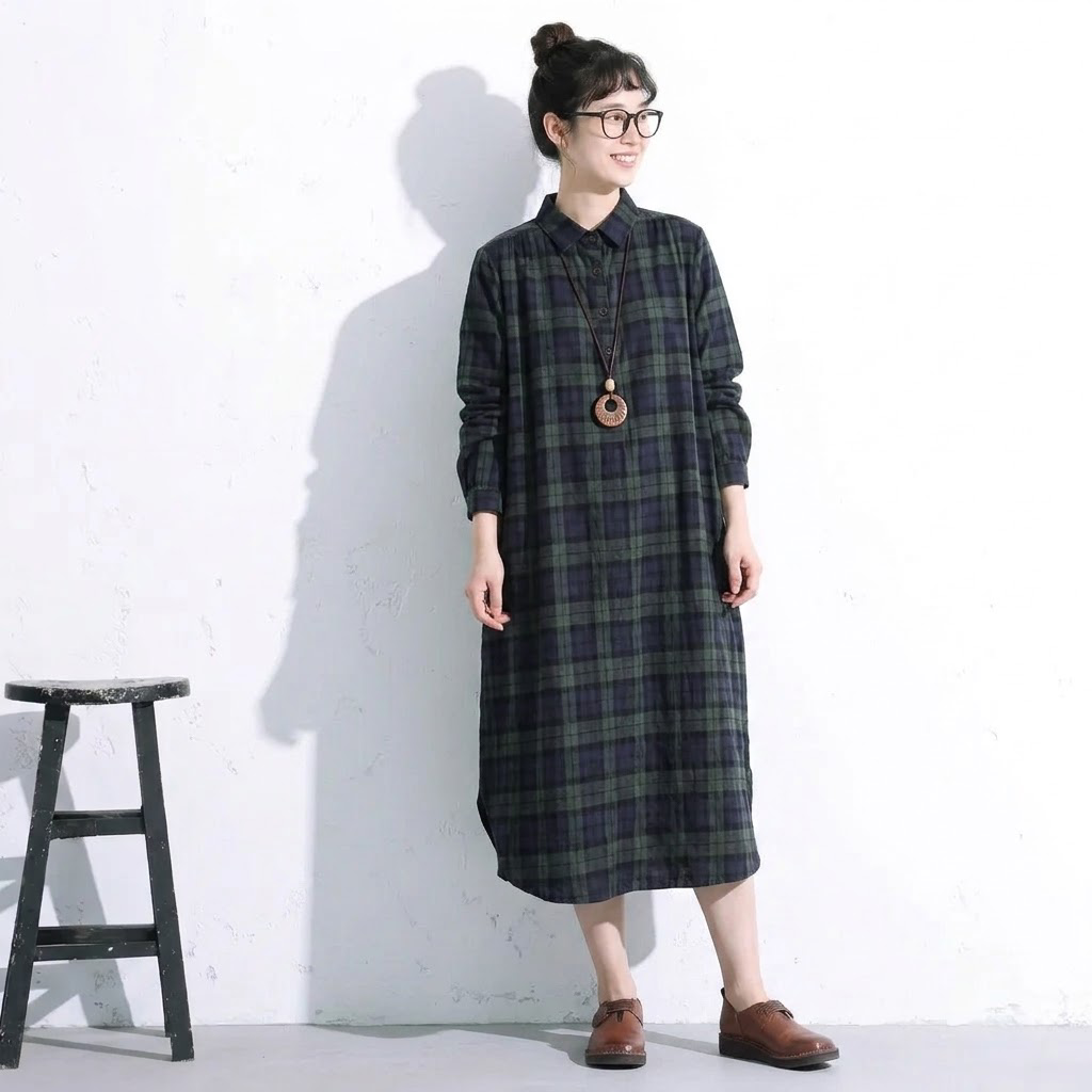 M-2XL レトロ チェック 襟付き ロング丈 長く着られる シャツワンピース 2XL グリーンチェック