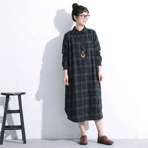 M-2XL レトロ チェック 襟付き ロング丈 長く着られる シャツワンピース 2XL グリーンチェック