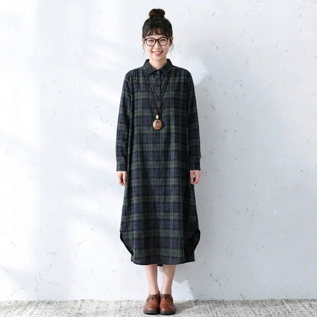 M-2XL レトロ チェック 襟付き ロング丈 長く着られる シャツワンピース M グリーンチェック