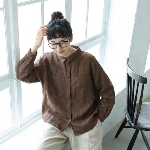 M-2XL 襟付き ロング丈 ゆったり 着回し 大人のナチュラル シャツ M コーヒー