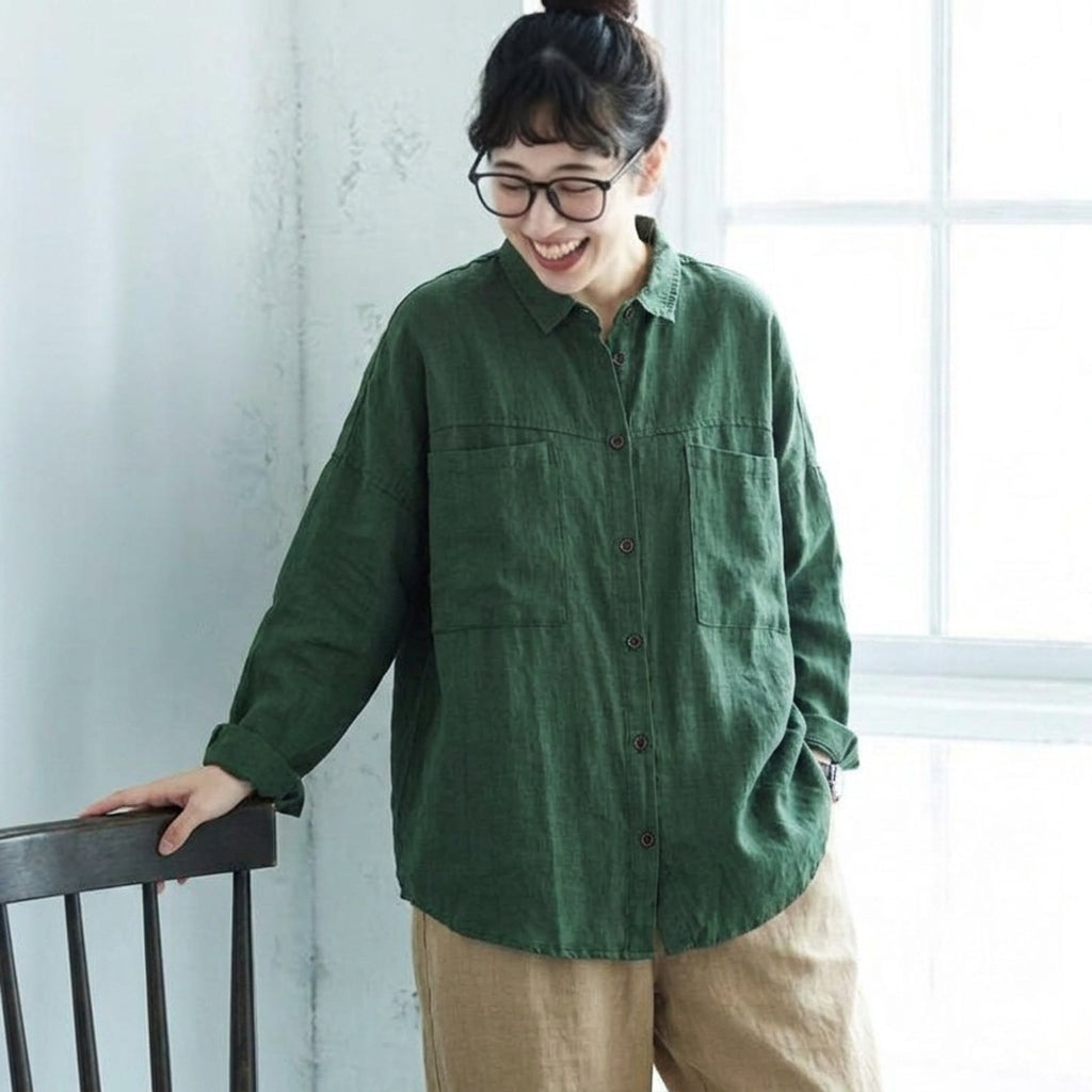 M-2XL 襟付き ロング丈 ゆったり 着回し 大人のナチュラル シャツ 2XL ダークグリーン
