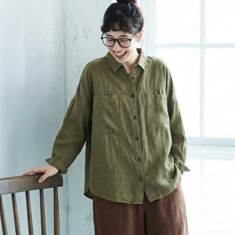 M-2XL 襟付き ロング丈 ゆったり 着回し 大人のナチュラル シャツ 2XL カーキ