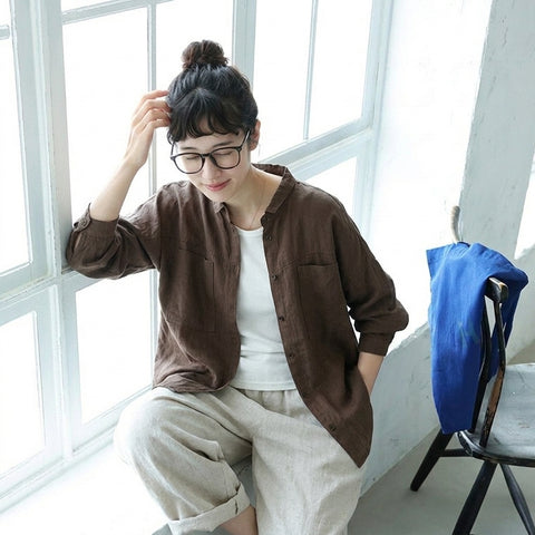 M-2XL 襟付き ロング丈 ゆったり 着回し 大人のナチュラル シャツ M コーヒー