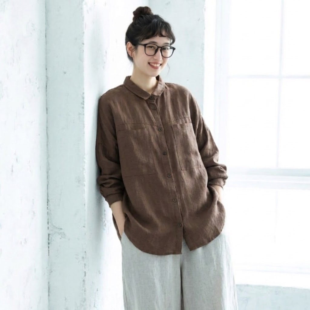 M-2XL 襟付き ロング丈 ゆったり 着回し 大人のナチュラル シャツ 2XL コーヒー