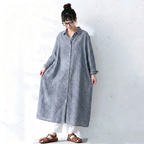 M-2XL レトロ ポロ襟 ストライプ柄 ロング丈 ゆったり 着回し シャツワンピース M ブルー