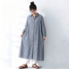 M-2XL レトロ ポロ襟 ストライプ柄 ロング丈 ゆったり 着回し シャツワンピース 2XL ブルー