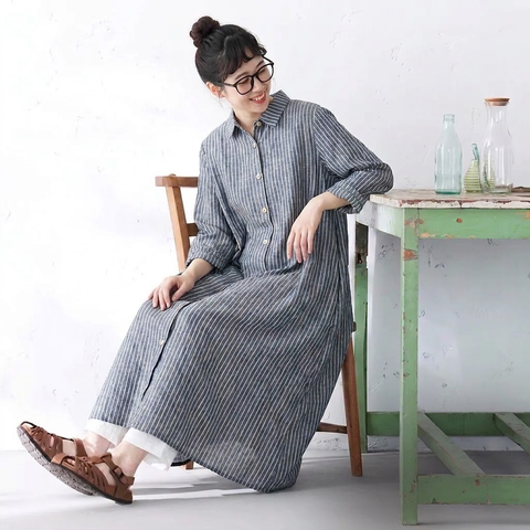 M-2XL レトロ ポロ襟 ストライプ柄 ロング丈 ゆったり 着回し シャツワンピース M ブルー