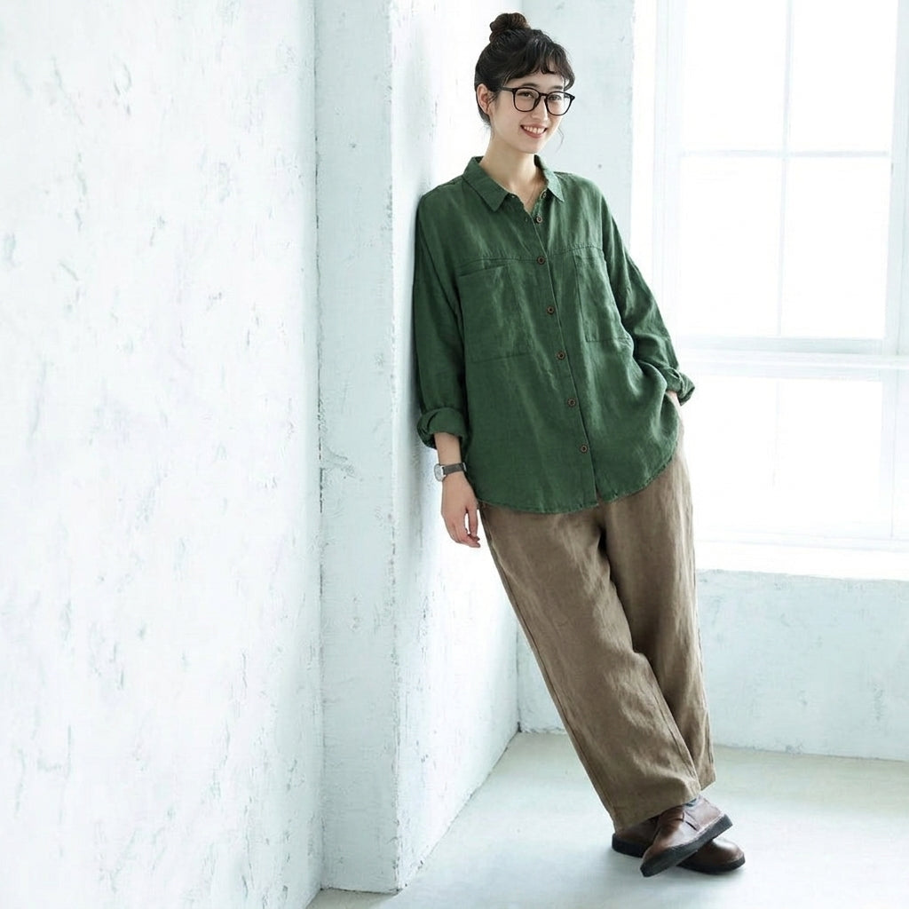 M-2XL 襟付き ロング丈 ゆったり 着回し 大人のナチュラル シャツ M コーヒー
