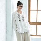 存在感抜群！M-3XL ナチュラルな植物刺繍 ゆったり レトロ 長袖 シャツ 3XL ホワイト