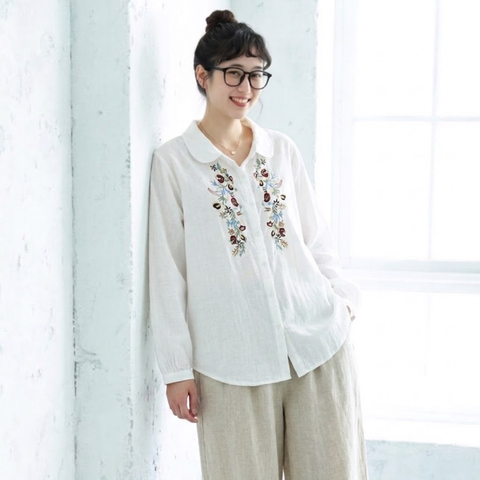 存在感抜群！M-3XL ナチュラルな植物刺繍 ゆったり レトロ 長袖 シャツ M ホワイト