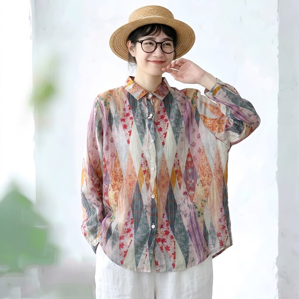 M-2XL さらり生地感 大人の総柄綿麻ブラウス 2XL 写真通り