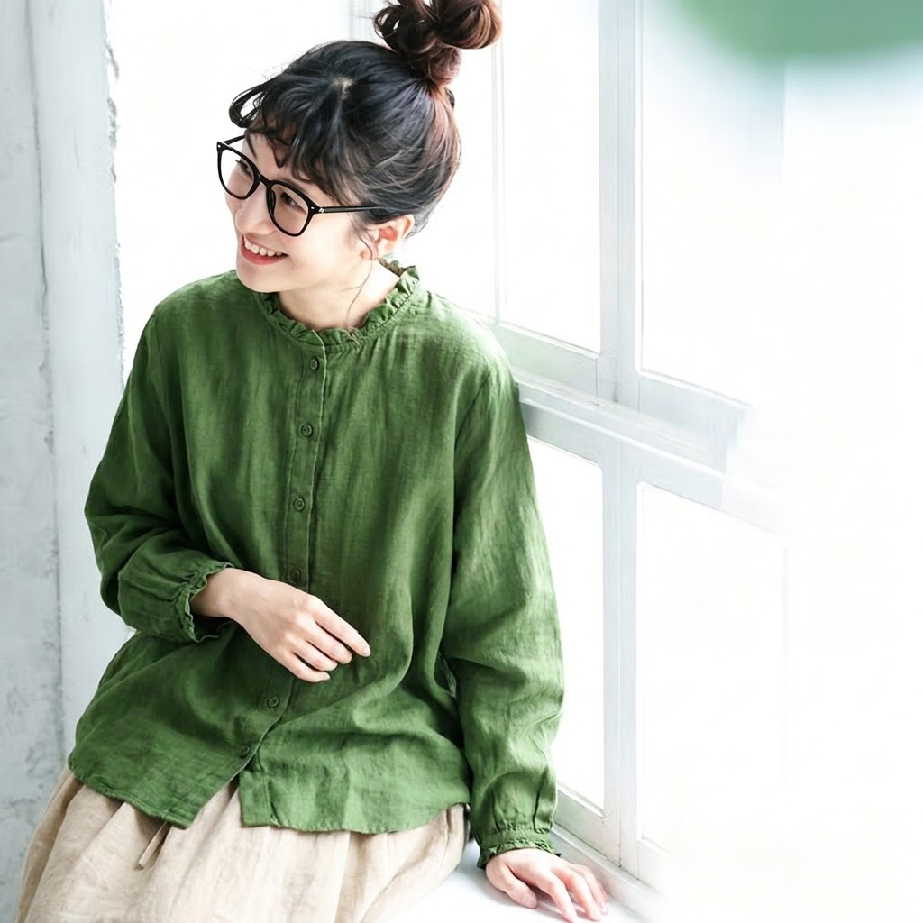 M-L 抜け感たっぷり 大人のダブルガーゼブラウス M グリーン