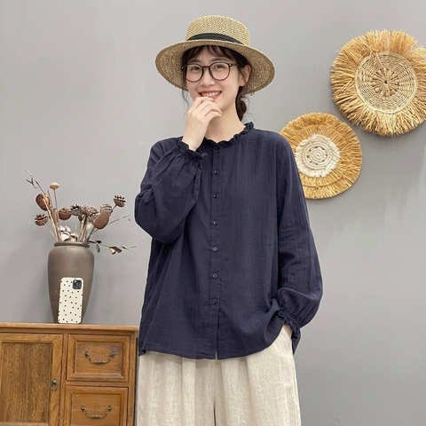 M-L 抜け感たっぷり 大人のダブルガーゼブラウス L ネイビー