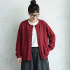 フリーサイズ ニット 無地 ラウンドネック カーディガン フリー レッド