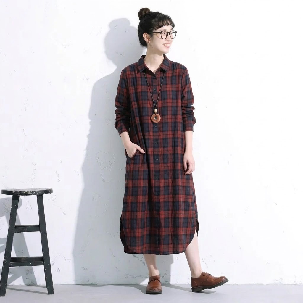 M-2XL レトロ チェック 襟付き ロング丈 長く着られる シャツワンピース M グリーンチェック