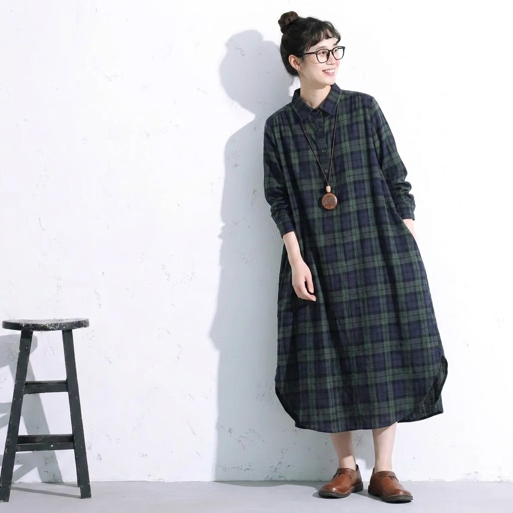 M-2XL レトロ チェック 襟付き ロング丈 長く着られる シャツワンピース M グリーンチェック