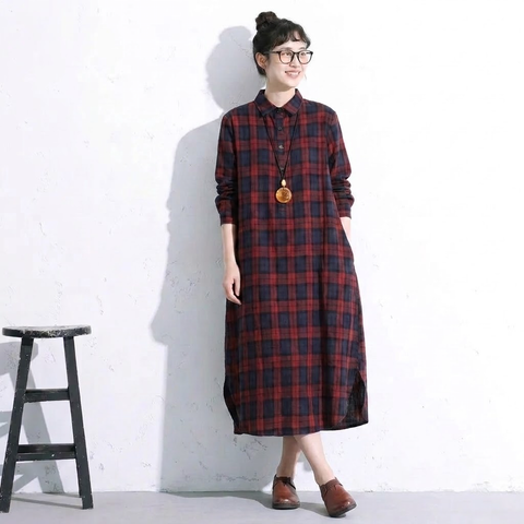 M-2XL レトロ チェック 襟付き ロング丈 長く着られる シャツワンピース M グリーンチェック