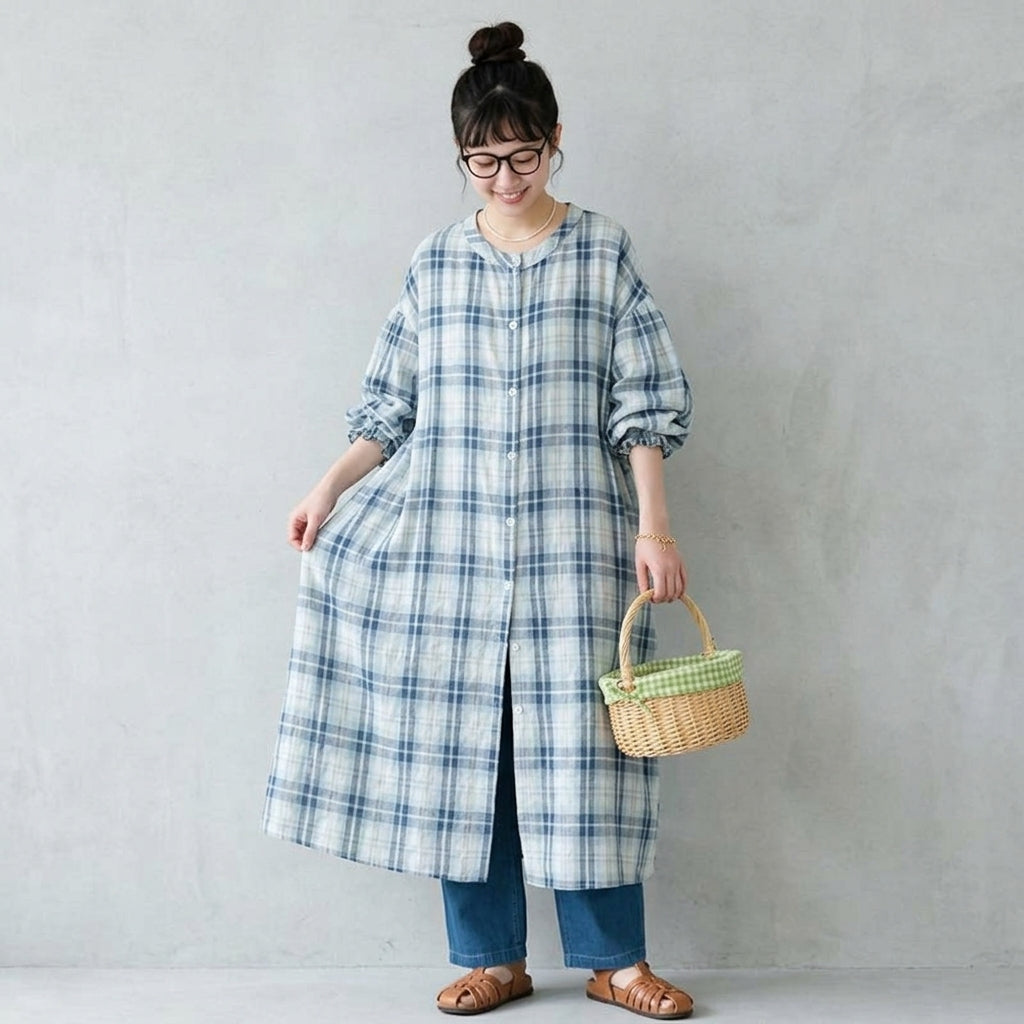 S-3XL 柔らかくて優しい印象 清新 シンプル チェック柄 長袖 シャツワンピース S 青と白のチェック