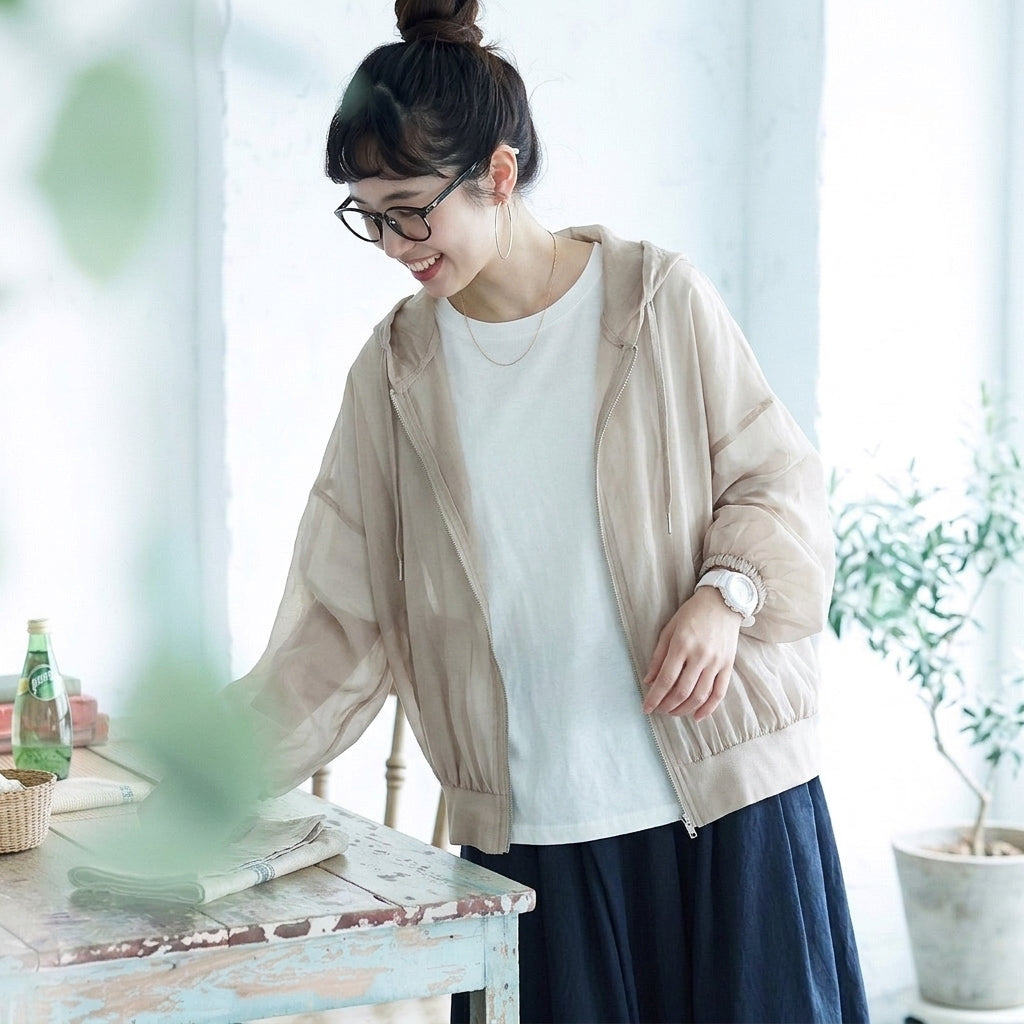 M-L 秋待ちの羽織り フード付き フルジップ M ホワイト