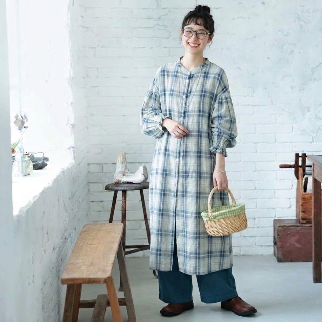 S-3XL 柔らかくて優しい印象 清新 シンプル チェック柄 長袖 シャツワンピース S 青と白のチェック