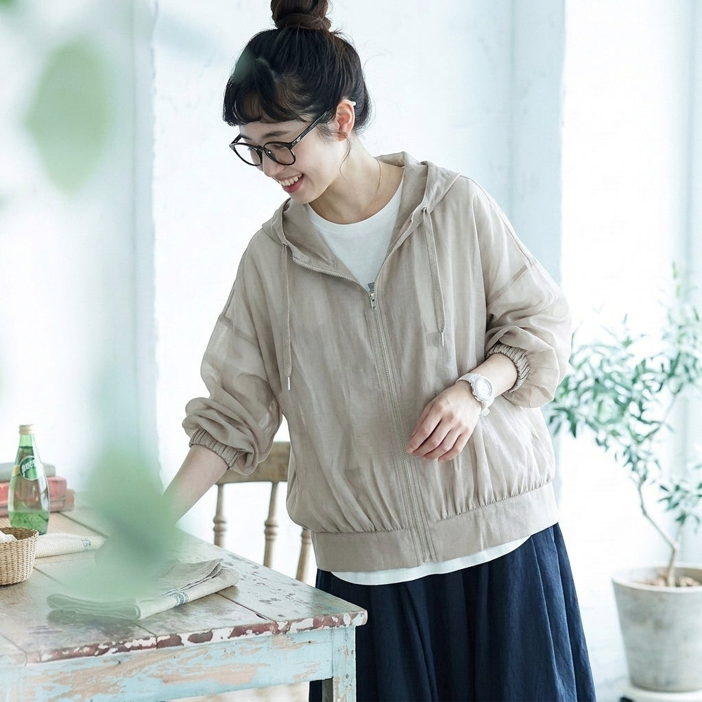 M-L 秋待ちの羽織り フード付き フルジップ M ホワイト