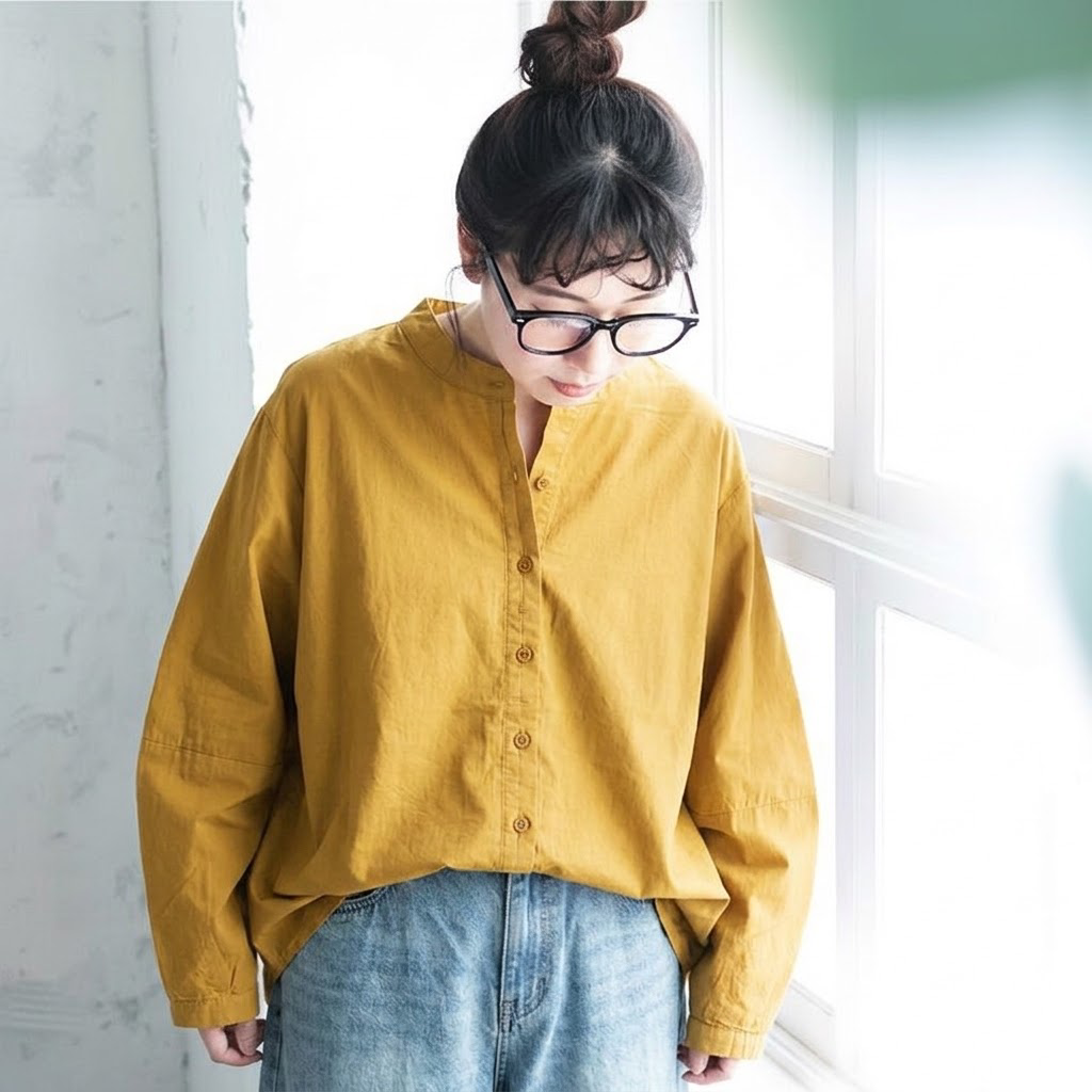 S-2XL スタンドカラー ダブル前立て ゆったり 季節の変わり目 シャツ S イエロー