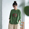 M-4XL 長袖 ノーマルスリーブ ボタン 刺繍 森ガール シャツ 4XL グリーン