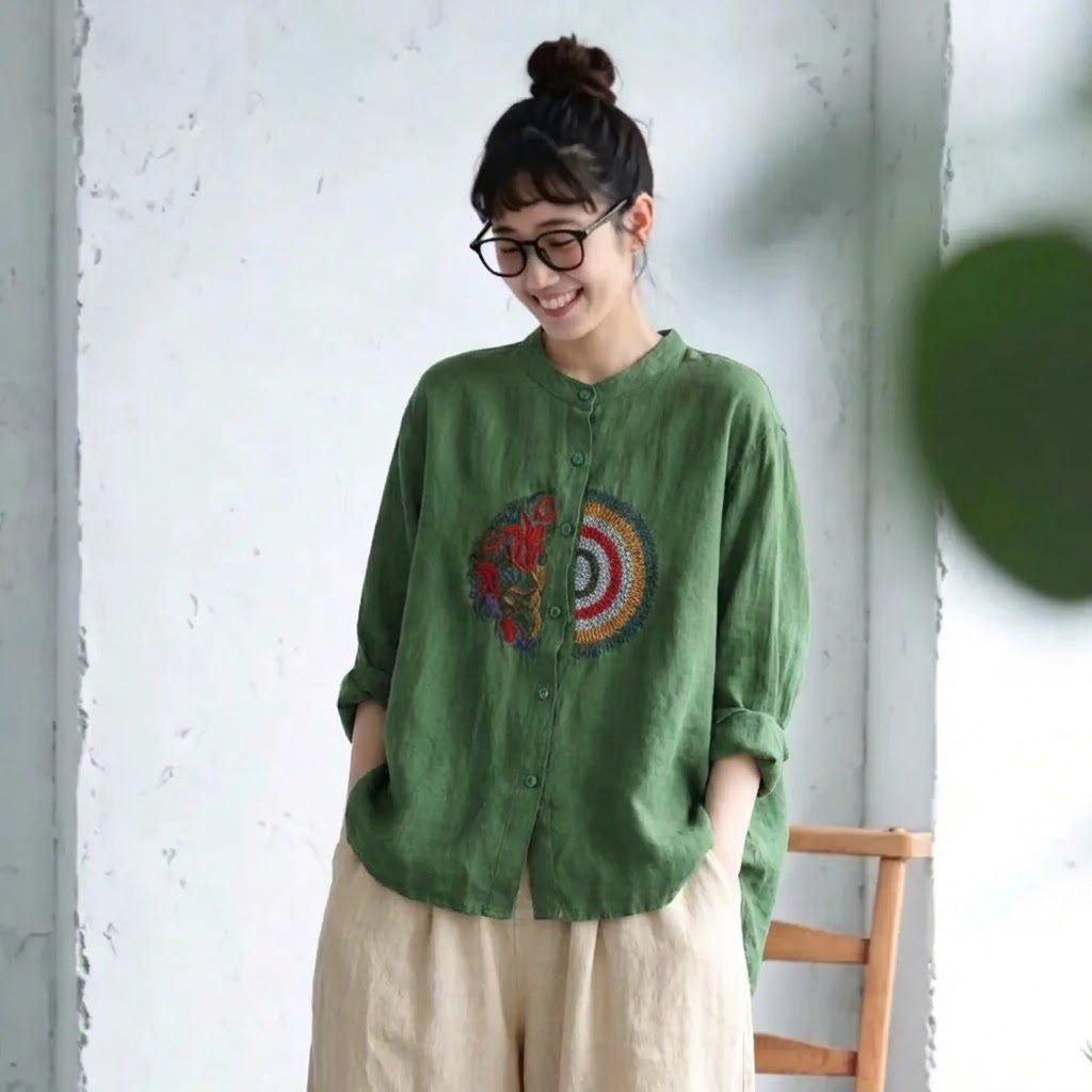 M-4XL 長袖 ノーマルスリーブ ボタン 刺繍 森ガール シャツ 4XL グリーン