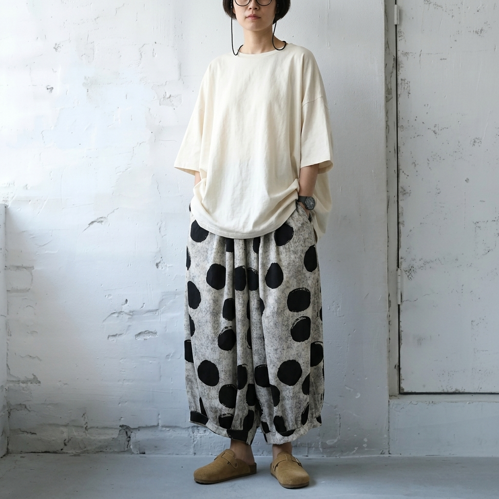 S-XL ドット柄 ハイウエスト ビックシルエット ポケット付き アンクル丈（9分丈） カジュアルパンツ S グレー