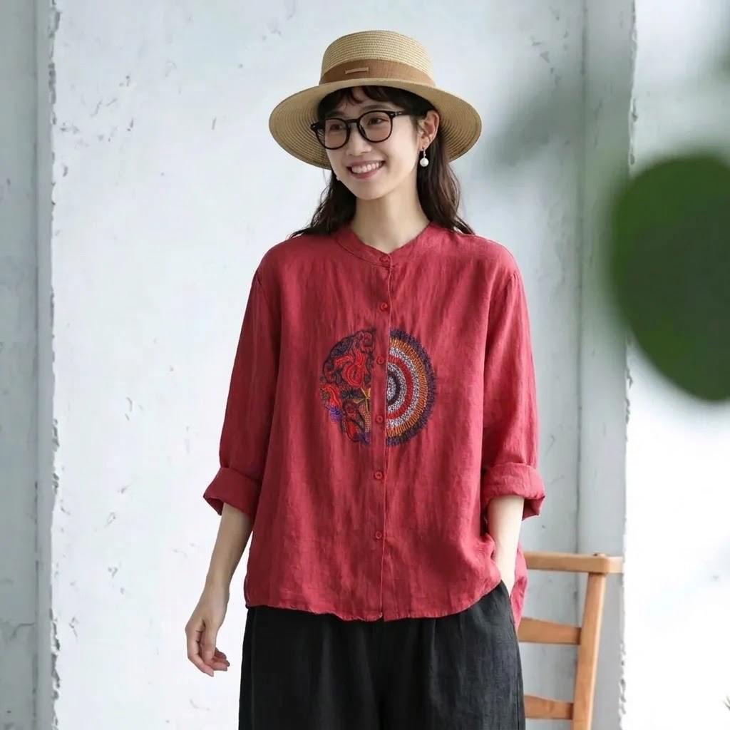M-4XL 長袖 ノーマルスリーブ ボタン 刺繍 森ガール シャツ M グリーン