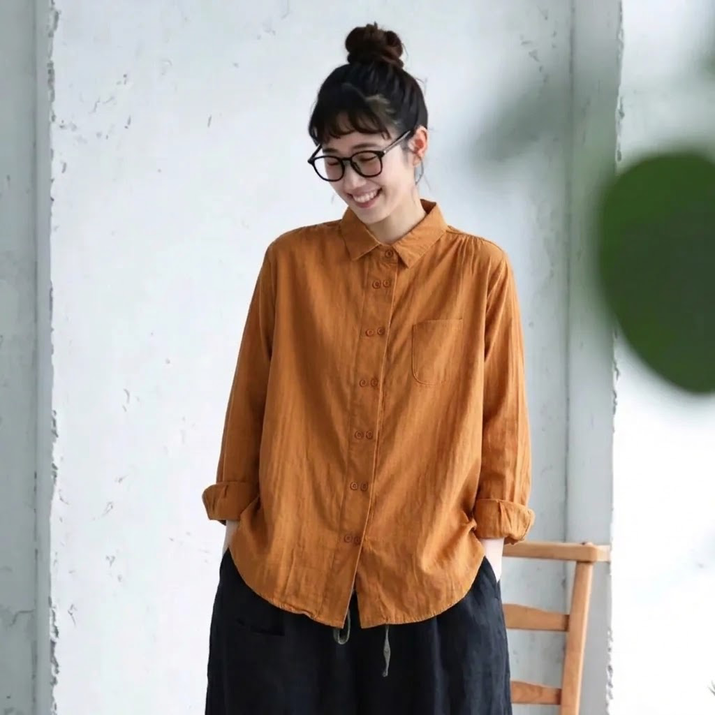 M-3XL ダブルブレス ノーマルスリーブ 無地 シンプル シャツ 3XL キャラメル