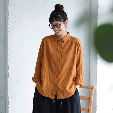 M-3XL ダブルブレス ノーマルスリーブ 無地 シンプル シャツ 3XL キャラメル