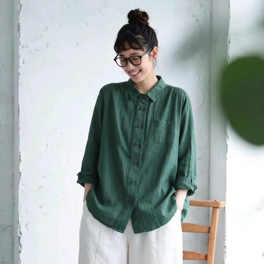 M-3XL ダブルブレス ノーマルスリーブ 無地 シンプル シャツ 3XL ダークグリーン