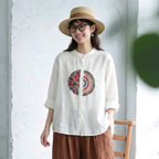 M-4XL 長袖 ノーマルスリーブ ボタン 刺繍 森ガール シャツ M グリーン