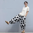 S-XL ドット柄 ハイウエスト ビックシルエット ポケット付き アンクル丈（9分丈） カジュアルパンツ S グレー