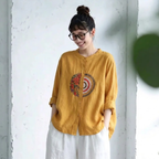 M-4XL 長袖 ノーマルスリーブ ボタン 刺繍 森ガール シャツ 4XL イエロー