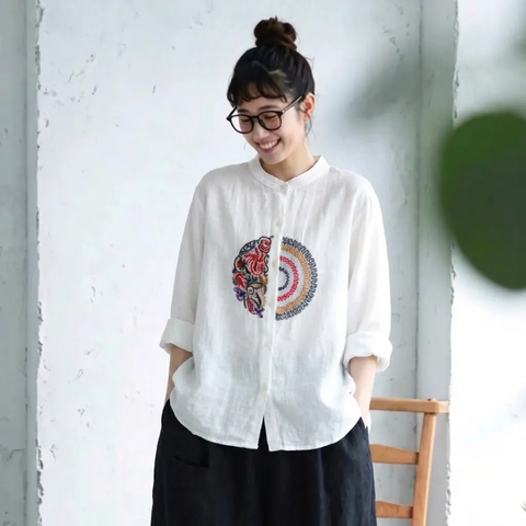 M-4XL 長袖 ノーマルスリーブ ボタン 刺繍 森ガール シャツ 4XL ホワイト
