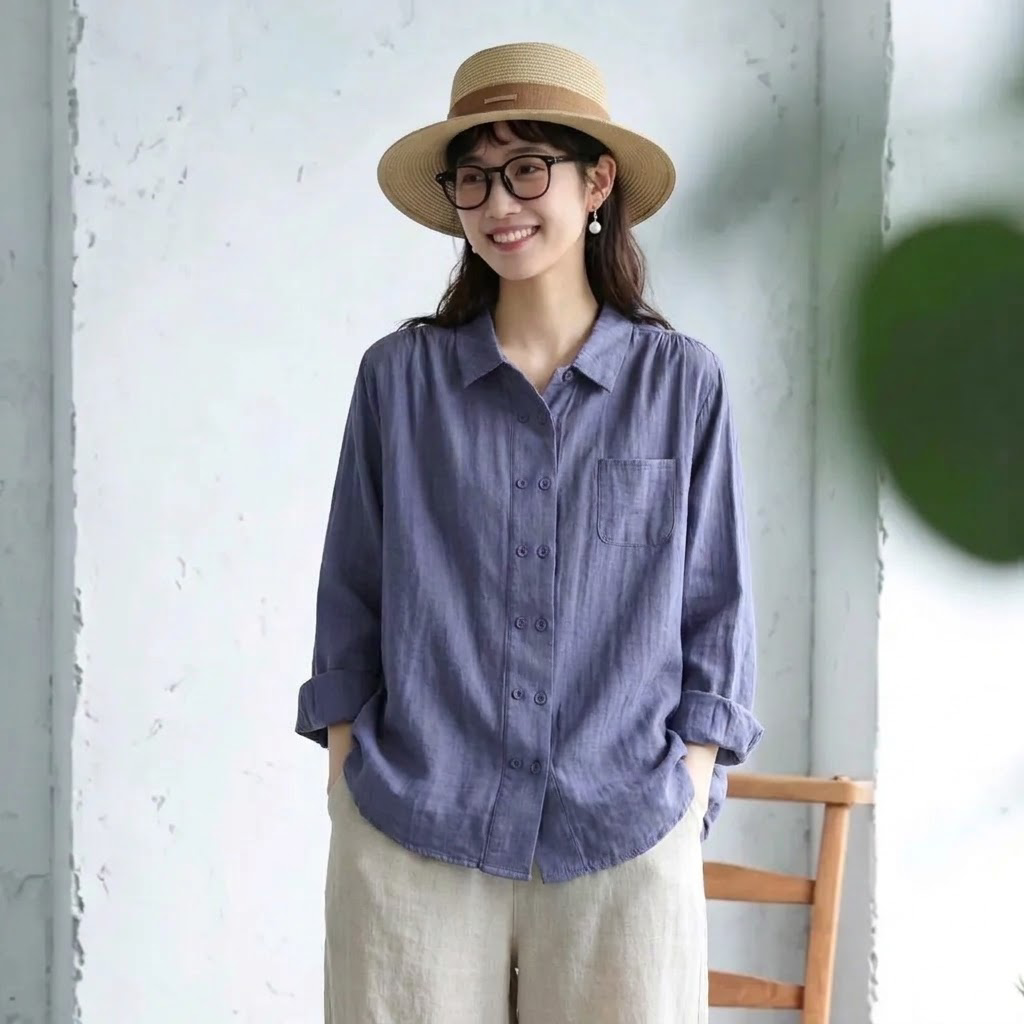 M-3XL ダブルブレス ノーマルスリーブ 無地 シンプル シャツ 3XL バイオレット