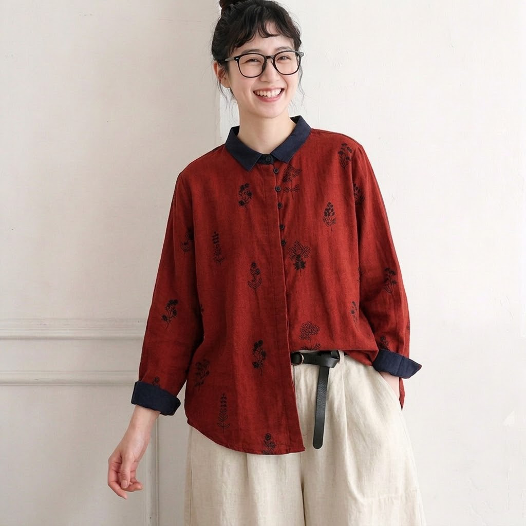 M-L 柔らかな肌触りの花柄ダブルガーゼブラウス L レッド