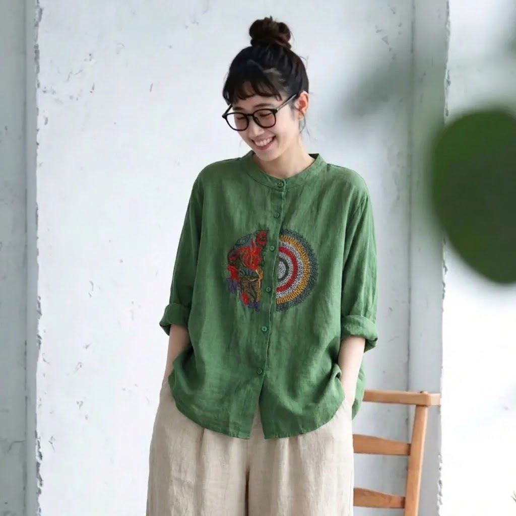 M-4XL 長袖 ノーマルスリーブ ボタン 刺繍 森ガール シャツ M グリーン