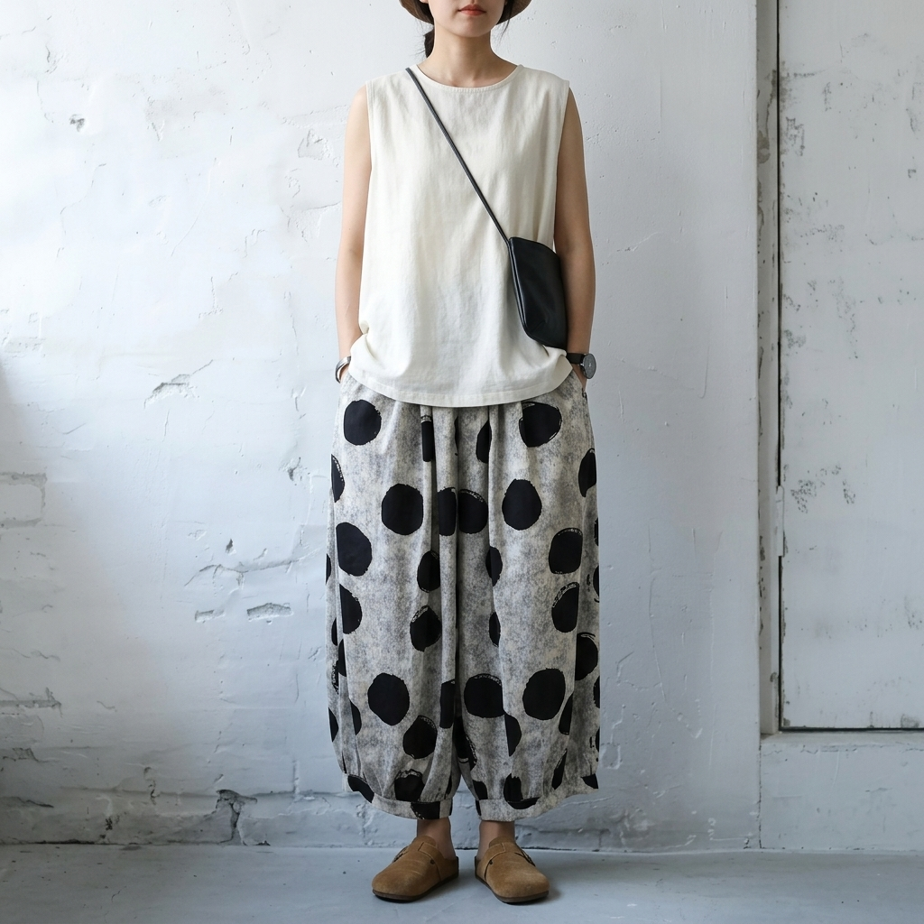 S-XL ドット柄 ハイウエスト ビックシルエット ポケット付き アンクル丈（9分丈） カジュアルパンツ XL グレー