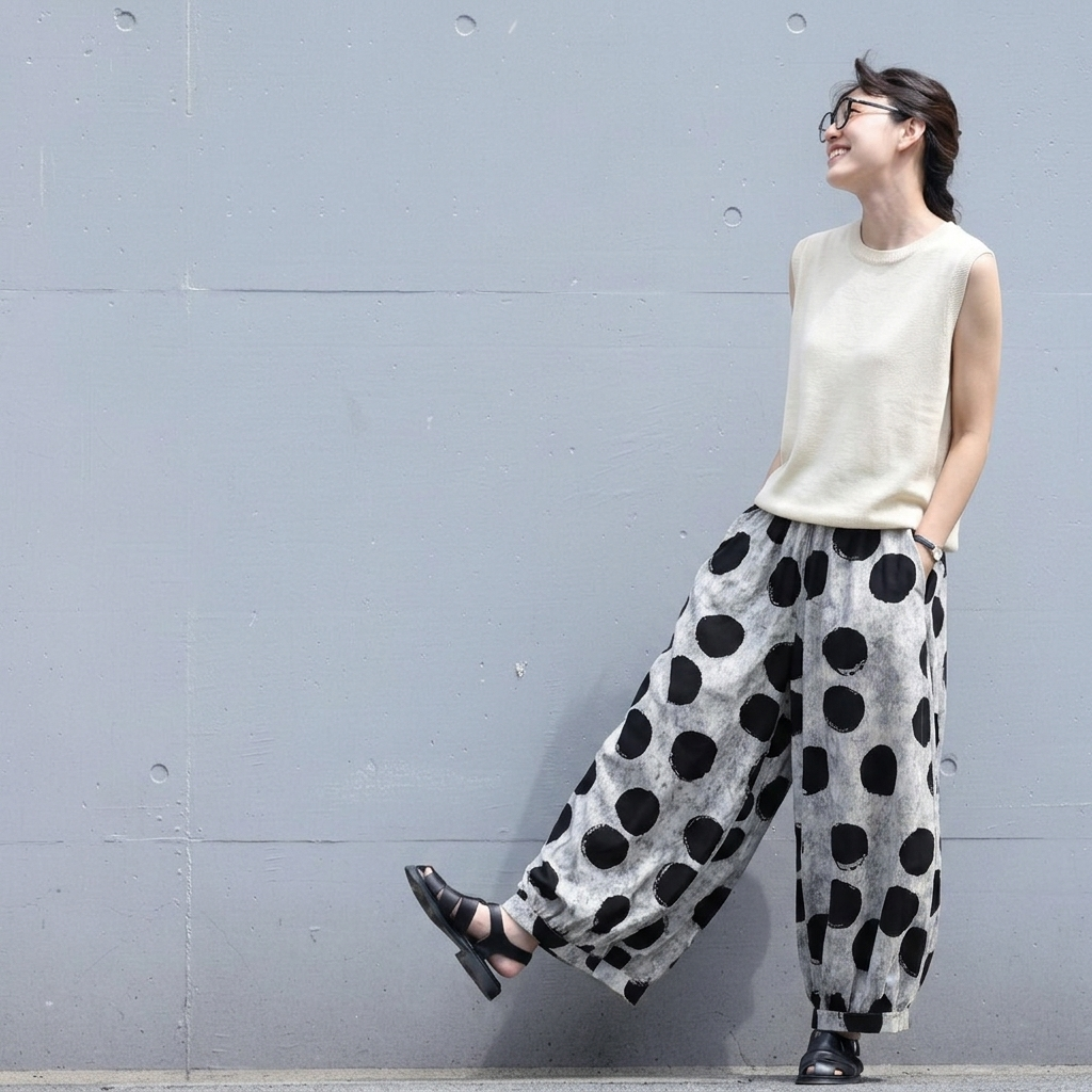 S-XL ドット柄 ハイウエスト ビックシルエット ポケット付き アンクル丈（9分丈） カジュアルパンツ S グレー